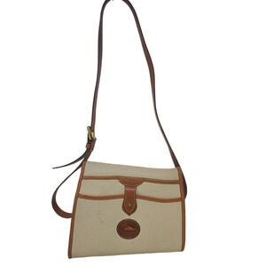 Vtg 90s Dooney Bourke Cream Brown All Weather Leather Crossbody Purse Turnlock